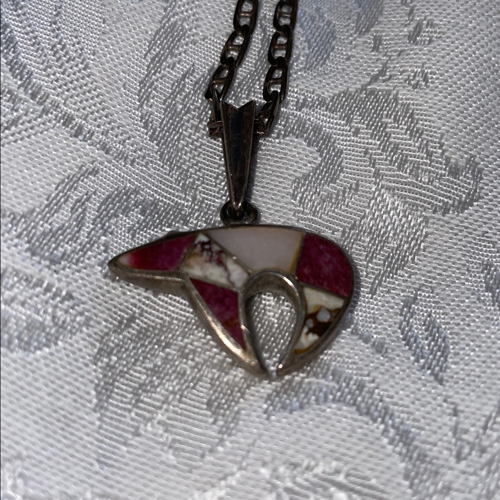 Rare Vintage Sterling Silver Inlay Elegant Pink Pendant Bear Necklace.  20” - Picture 9 of 11